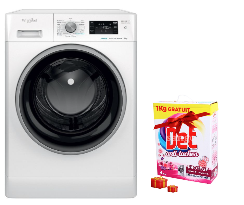 Lave Linge Whirlpool Hublot FFWS 7235 WB NA 7 kg - 1200 Tours/min - 6ème sens - Blanc   +  Det 4 Kg Offert