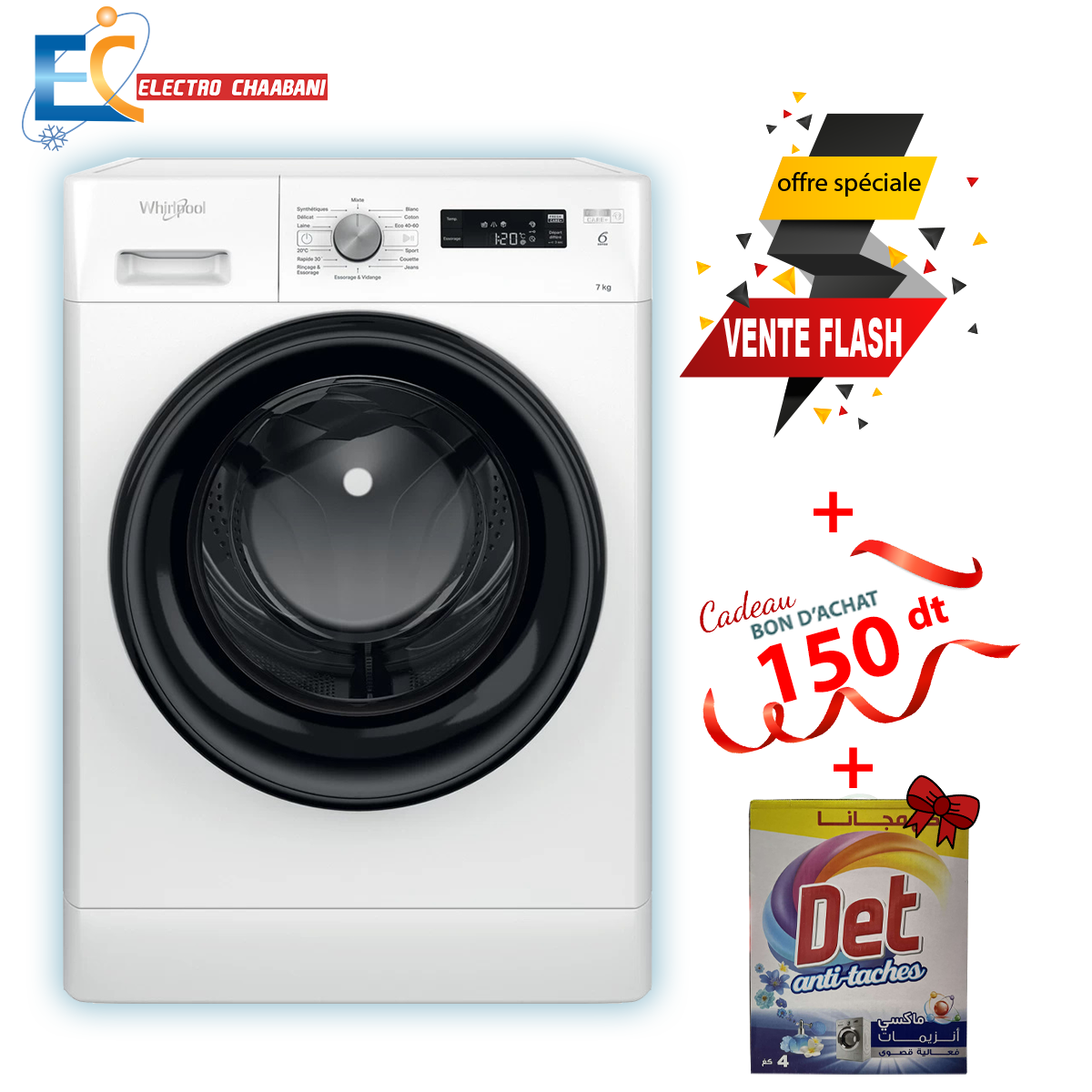 Lave Linge Whirlpool Hublot FFWS 7235 WB NA 7 kg - 1200 Tours/min - 6ème sens - Blanc   +  Det 4 Kg Offert