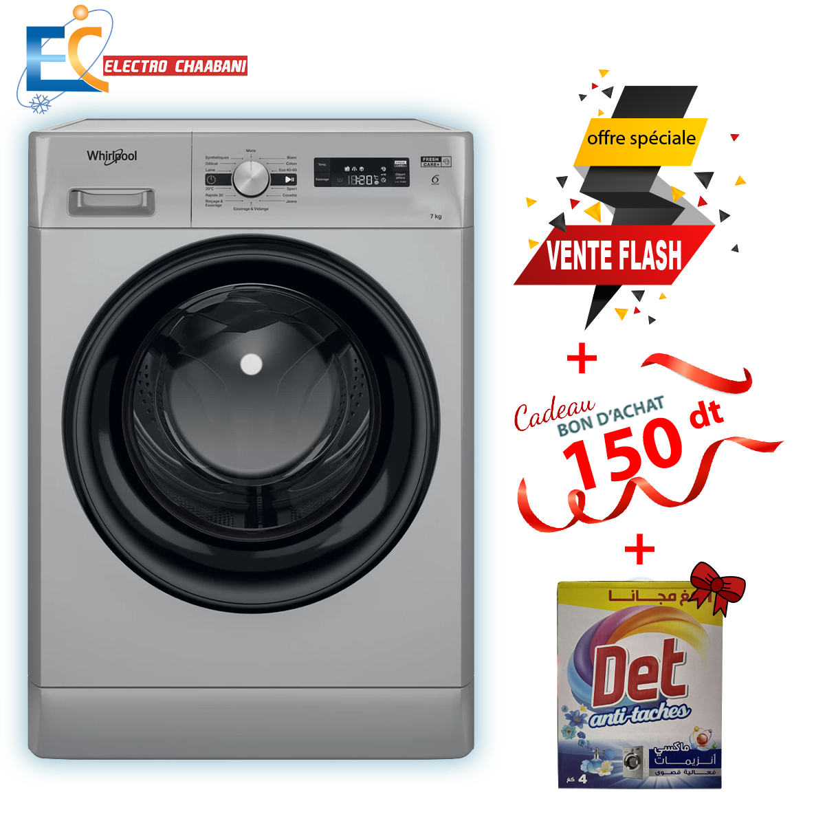 Lave Linge Whirlpool Hublot FFWS 7235 SB NA 7 kg - 1200 Tours/min - 6ème sens - Silver + Det 4Kg Offert