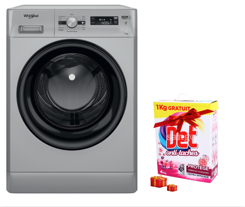 Lave Linge Whirlpool Hublot FFWS 7235 SB NA 7 kg - 1200 Tours/min - 6ème sens - Silver + Det 4Kg Offert