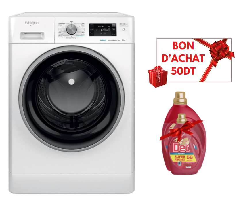 Lave Linge Whirlpool Frantale 8 kg  1200 Tours/min - 6ème sens - Blanc - FFWB 8248 WBS V NA + 50 DT Bon D'achat +  Det 2.5L + 1L  Offert