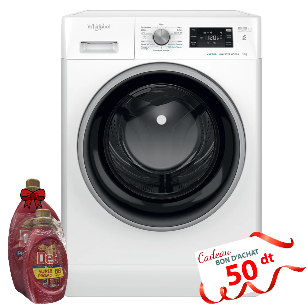 Lave Linge Whirlpool Frantale 8 kg  1200 Tours/min - 6ème sens - Blanc - FFWB 8248 WBS V NA  +  Det 2.5L + 1L  Offert