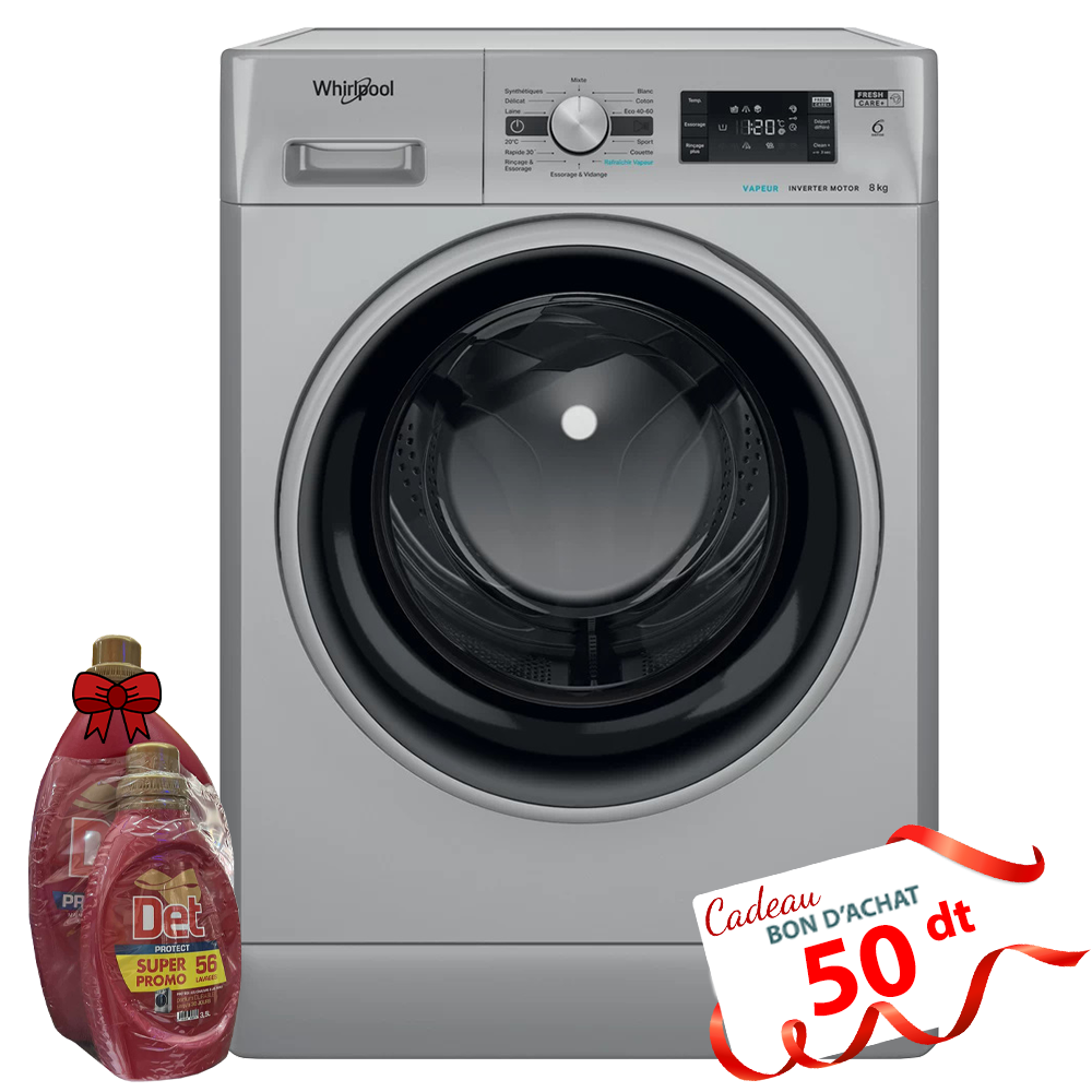 Lave Linge Whirlpool Frontale  8kg  1200Tours/min - 6ème sens - Silver - FFWB 8248 SBS V NA