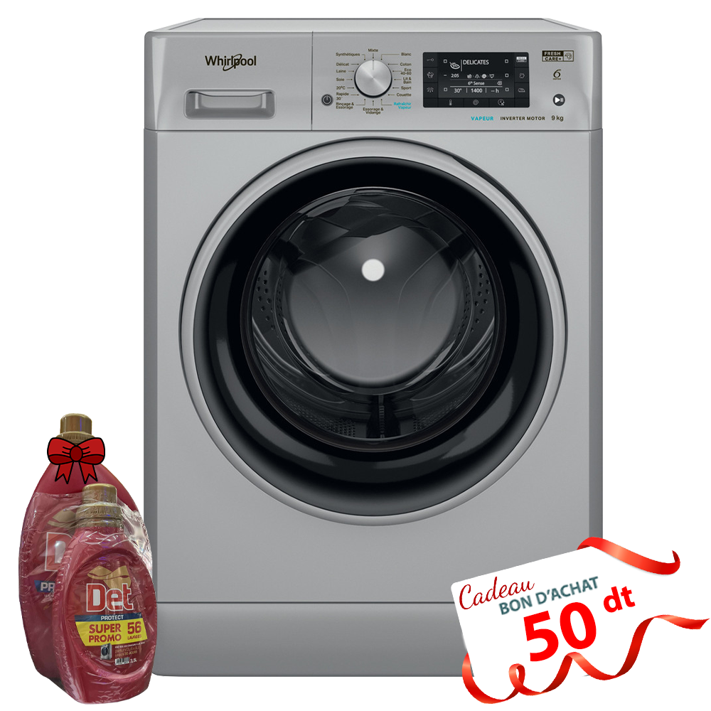 Lave Linge Whirlpool Frontale FFWD 9248 SBS V NA -9kg - 1200Tours/min - 6ème sens - Silver + Det Gel 2.5L + 1L Offert