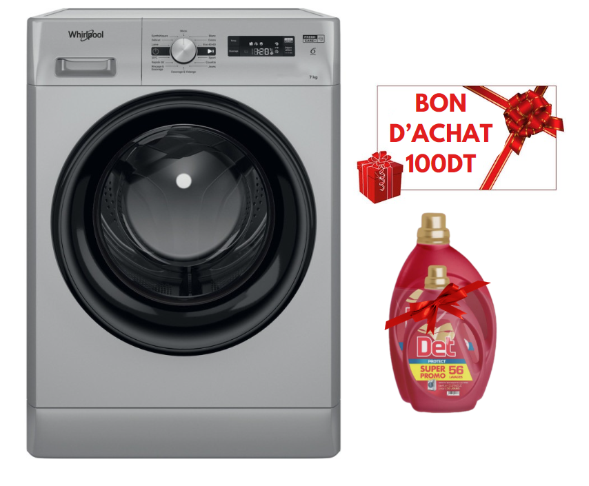 Lave Linge Whirlpool Frontale FFWD 9248 SBS V NA -9kg - 1200Tours/min - 6ème sens - Silver + Det Gel 2.5L + 1L Offert + Bon D'achat 100 DT