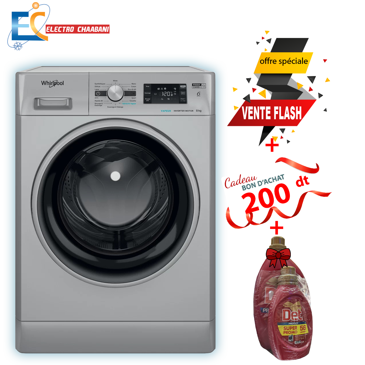 Lave Linge Whirlpool Frontale  8kg  1200Tours/min - 6ème sens - Silver - FFWB 8248 SBS V NA