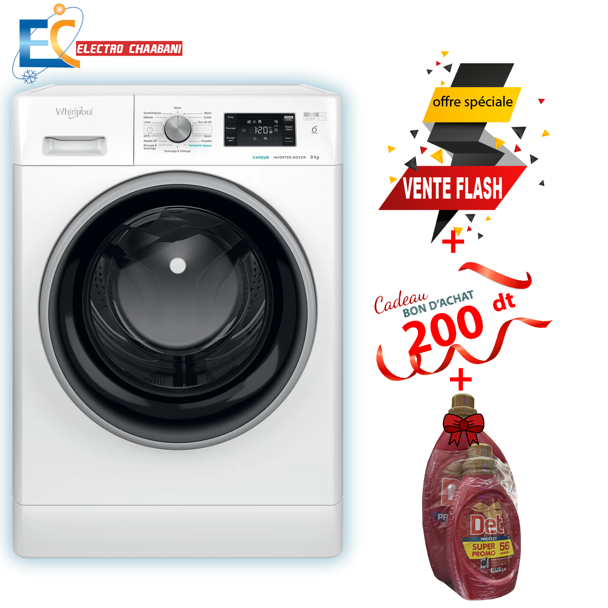 Lave Linge Whirlpool Frantale 8 kg  1200 Tours/min - 6ème sens - Blanc - FFWB 8248 WBS V NA  +  Det 2.5L + 1L  Offert