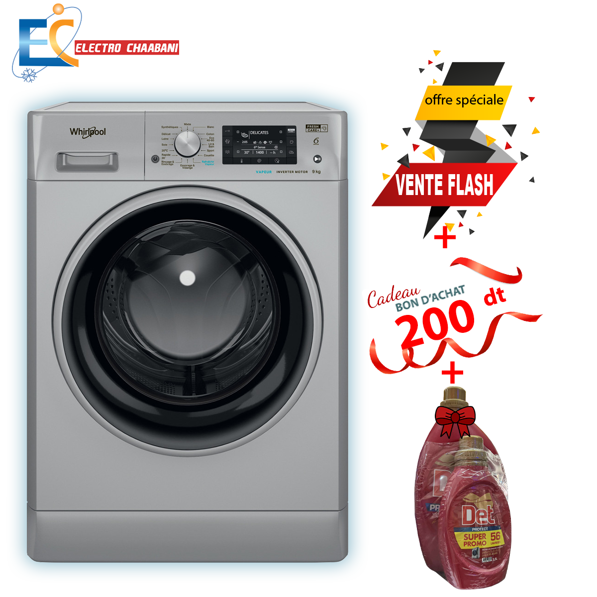 Lave Linge Whirlpool Frontale FFWD 9248 SBS V NA -9kg - 1200Tours/min - 6ème sens - Silver + Det Gel 2.5L + 1L Offert