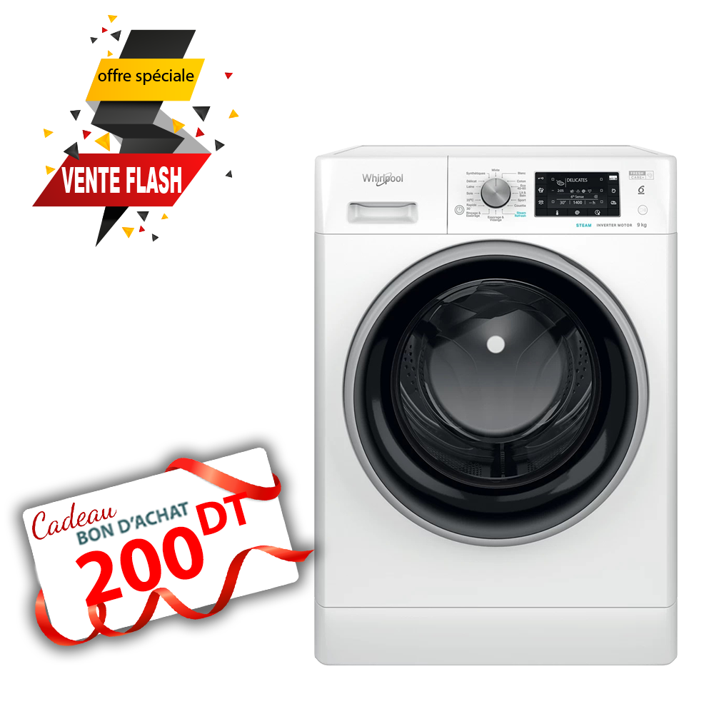 Lave linge WHIRLPOOL FFWD9248WBS-VNA - 9kg + Det Gel 2.5 L + 1 L Offert