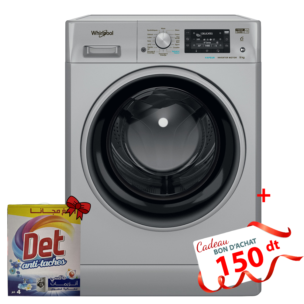 Lave Linge Whirlpool Frontale FFWD 9248 SBS V NA -9kg - 1200Tours/min - 6ème sens - Silver + Det Gel 2.5L + 1L Offert