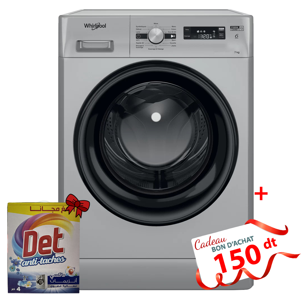 Lave Linge Whirlpool Hublot FFWS 7235 SB NA 7 kg - 1200 Tours/min - 6ème sens - Silver + Det 4Kg Offert