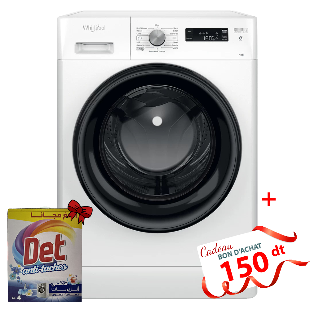 Lave Linge Whirlpool Hublot FFWS 7235 WB NA 7 kg - 1200 Tours/min - 6ème sens - Blanc   +  Det 4 Kg Offert