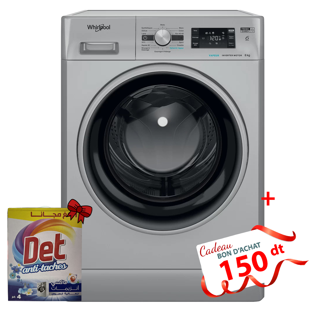 Lave Linge Whirlpool Frontale  8kg  1200Tours/min - 6ème sens - Silver - FFWB 8248 SBS V NA