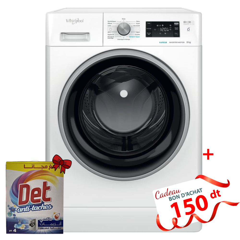 Lave Linge Whirlpool Frantale 8 kg  1200 Tours/min - 6ème sens - Blanc - FFWB 8248 WBS V NA  +  Det 2.5L + 1L  Offert