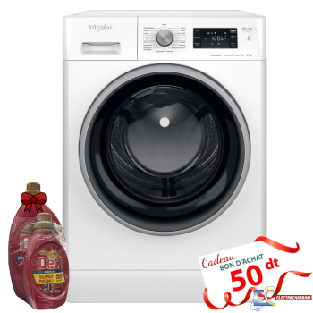 Lave Linge Whirlpool Frantale 8 kg  1200 Tours/min - 6ème sens - Blanc - FFWB 8248 WBS V NA  +  Det 2.5L + 1L  Offert