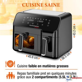 Friteuse Sans Huile TECHWOOD DUO 5.5L + 3.3L - Noir - CS-927