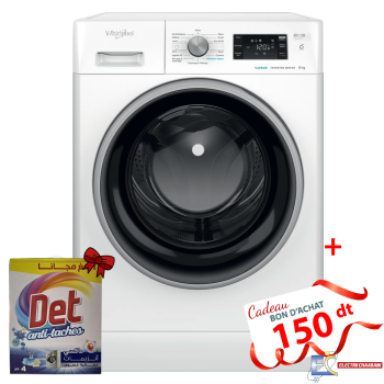 Lave Linge Whirlpool Frantale 8 kg  1200 Tours/min - 6ème sens - Blanc - FFWB 8248 WBS V NA  +  Det 2.5L + 1L  Offert